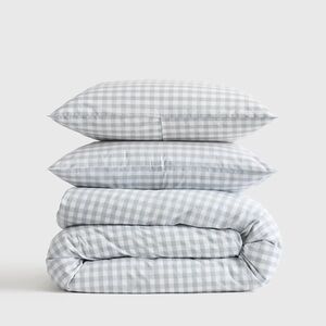 Quince Cotton Blue Fog Gingham Duvet Cover with 2 Shams